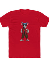 Front of red Mouse & Key Varsity gaming t-shirt featuring varsity mouse character graphic design