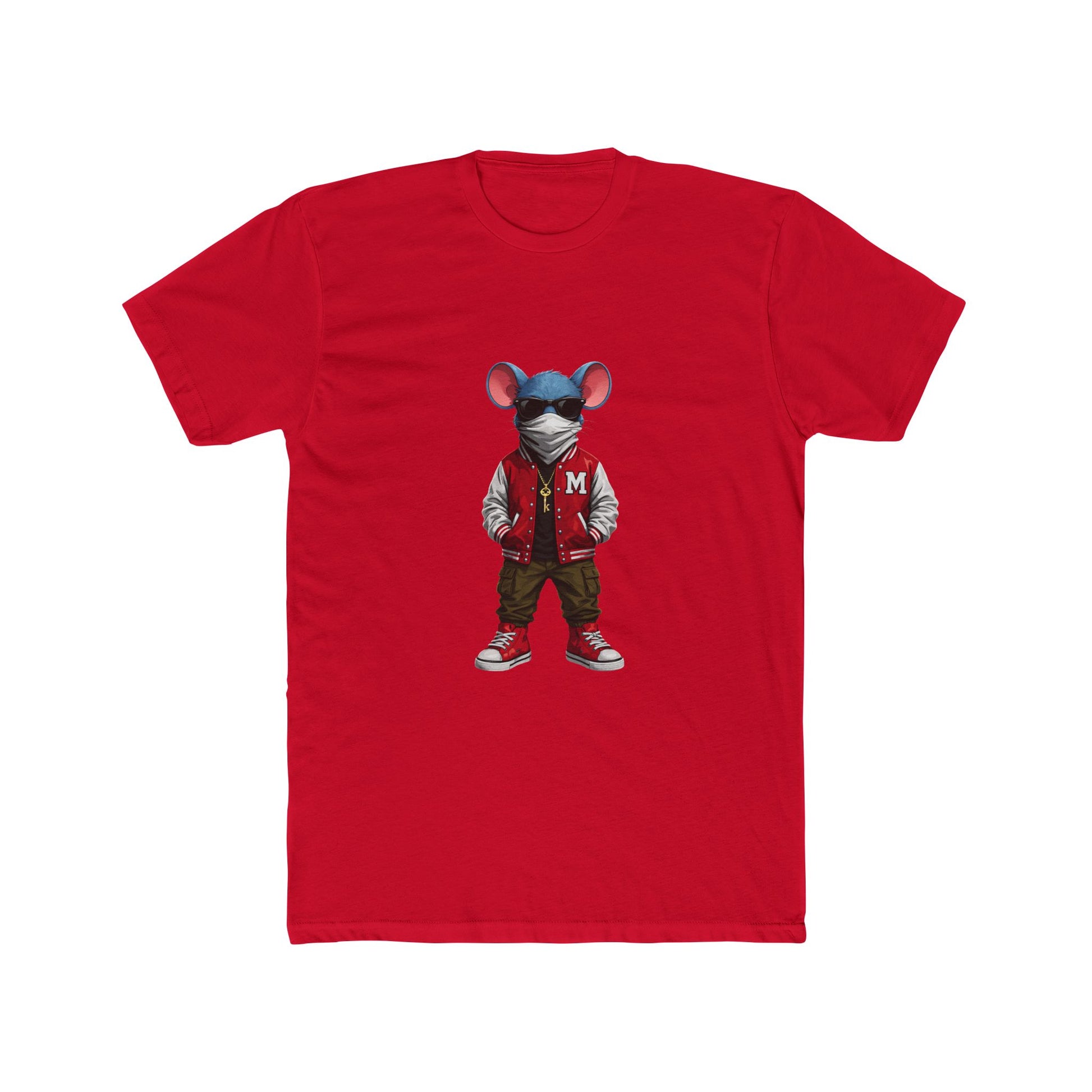 Front of red Mouse & Key Varsity gaming t-shirt featuring varsity mouse character graphic design