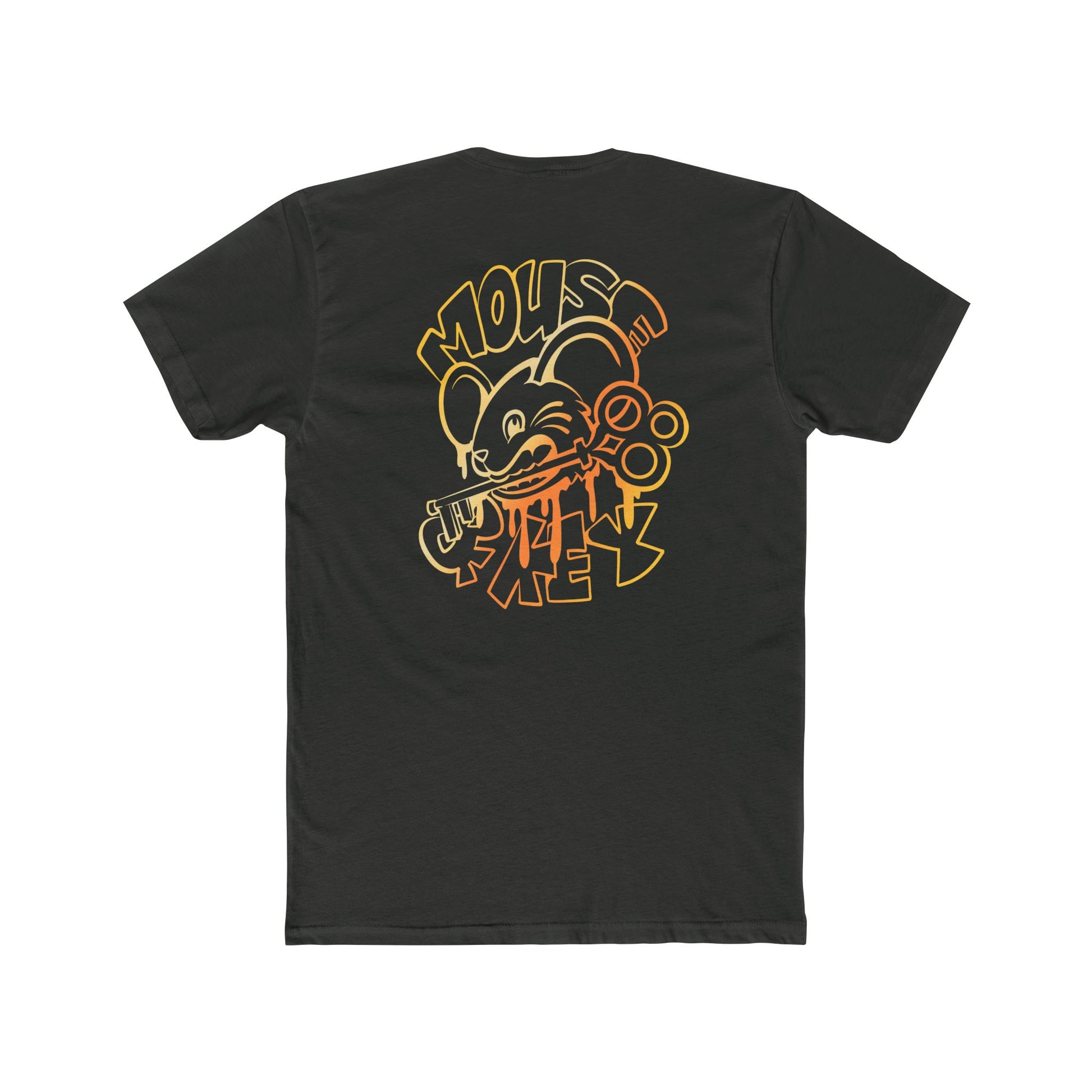 Back of heavy metal Mouse & Key gDrip gaming shirt featuring orange graffiti-style mouse graphic design
