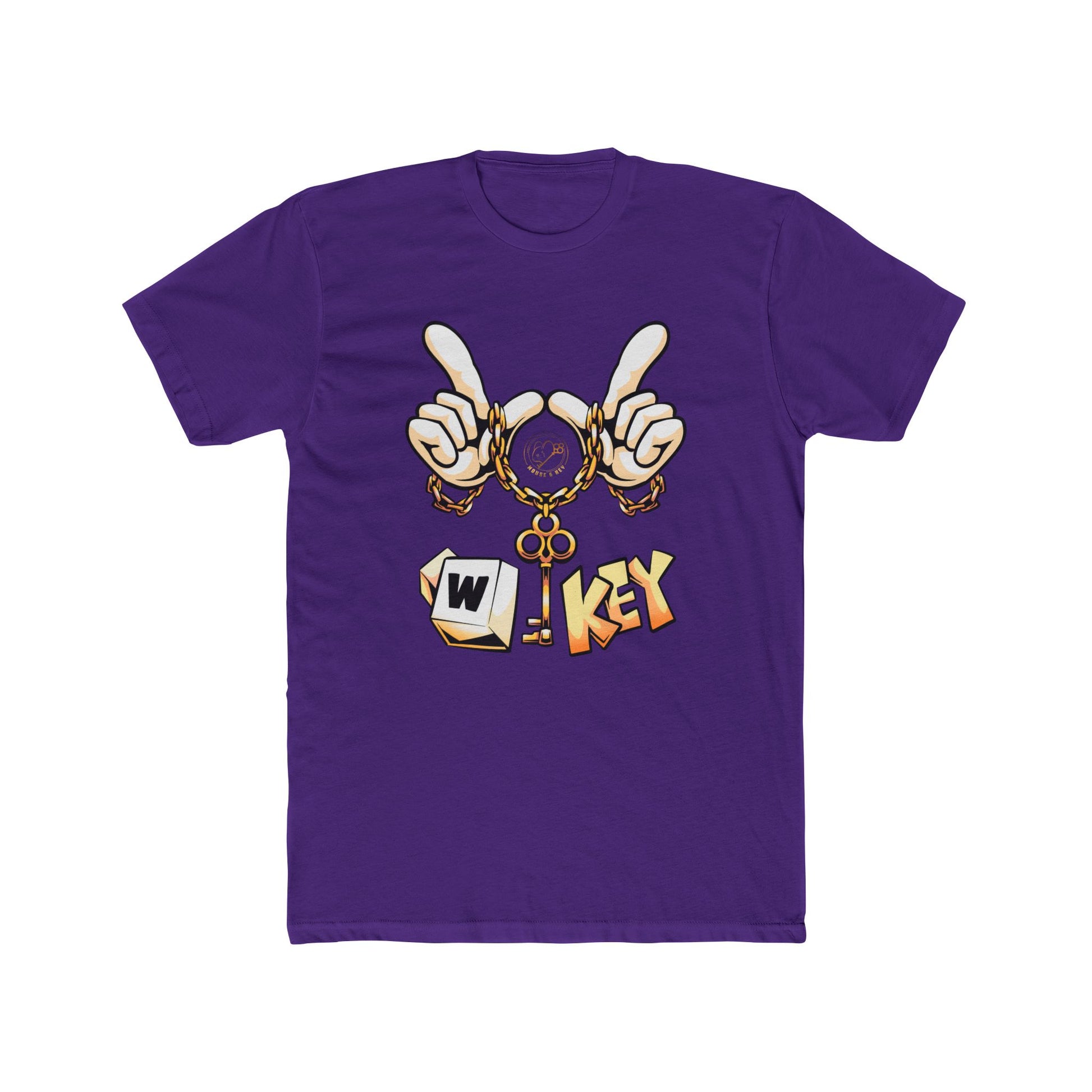 Front of purple W-Key gaming t-shirt symbolizing moving forward in gaming and life