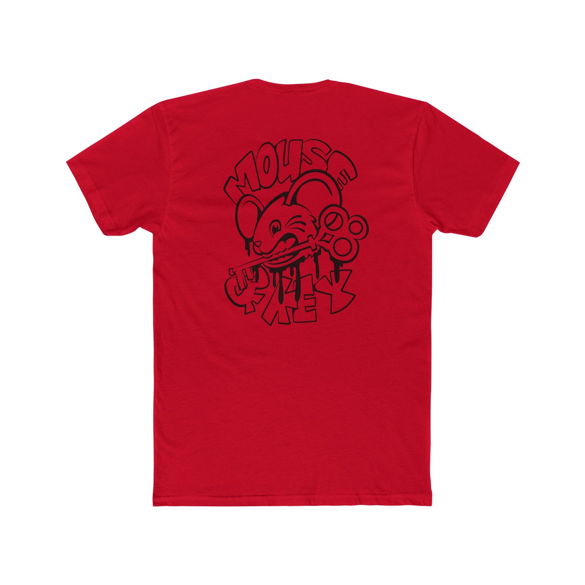 Back of red Mouse & Key bDrip gaming shirt featuring black graffiti-style mouse graphic design