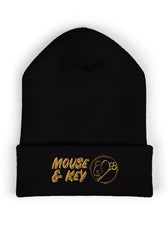 Black embroidered Mouse & Key gaming beanie with minimalist mouse logo design