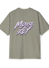 Back view of Eucalyptus gaming t-shirt featuring purple and white Mouse & Key brush-stroke logo artwork