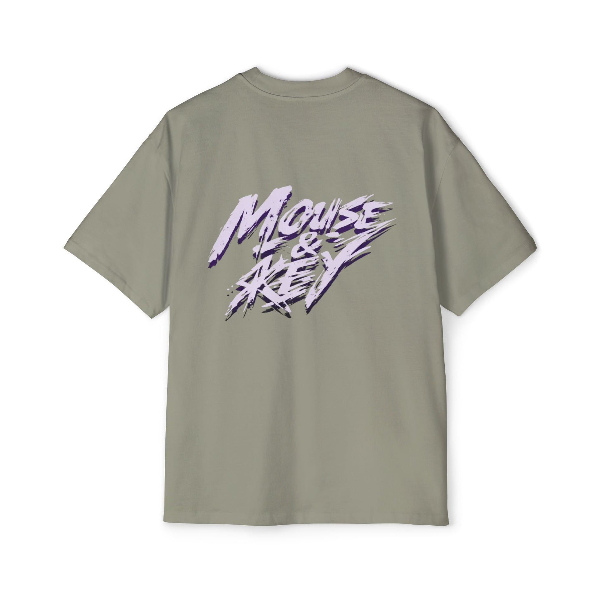 Back view of Eucalyptus gaming t-shirt featuring purple and white Mouse & Key brush-stroke logo artwork