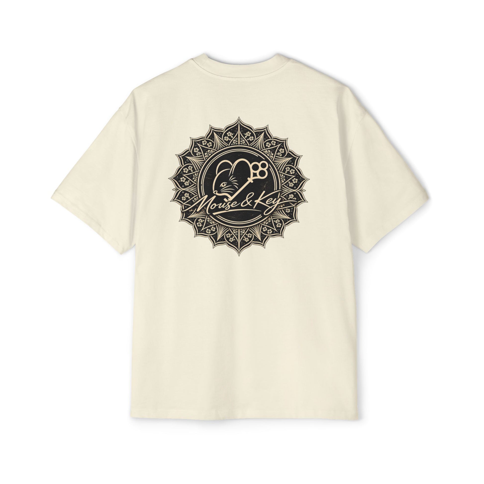 Back of Butter Mouse & Key Mandala oversized tee featuring intricate mandala mouse logo graphic design