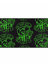 Wide neon green Mouse & Key graffiti gaming desk mat with repeating street-art pattern on black background