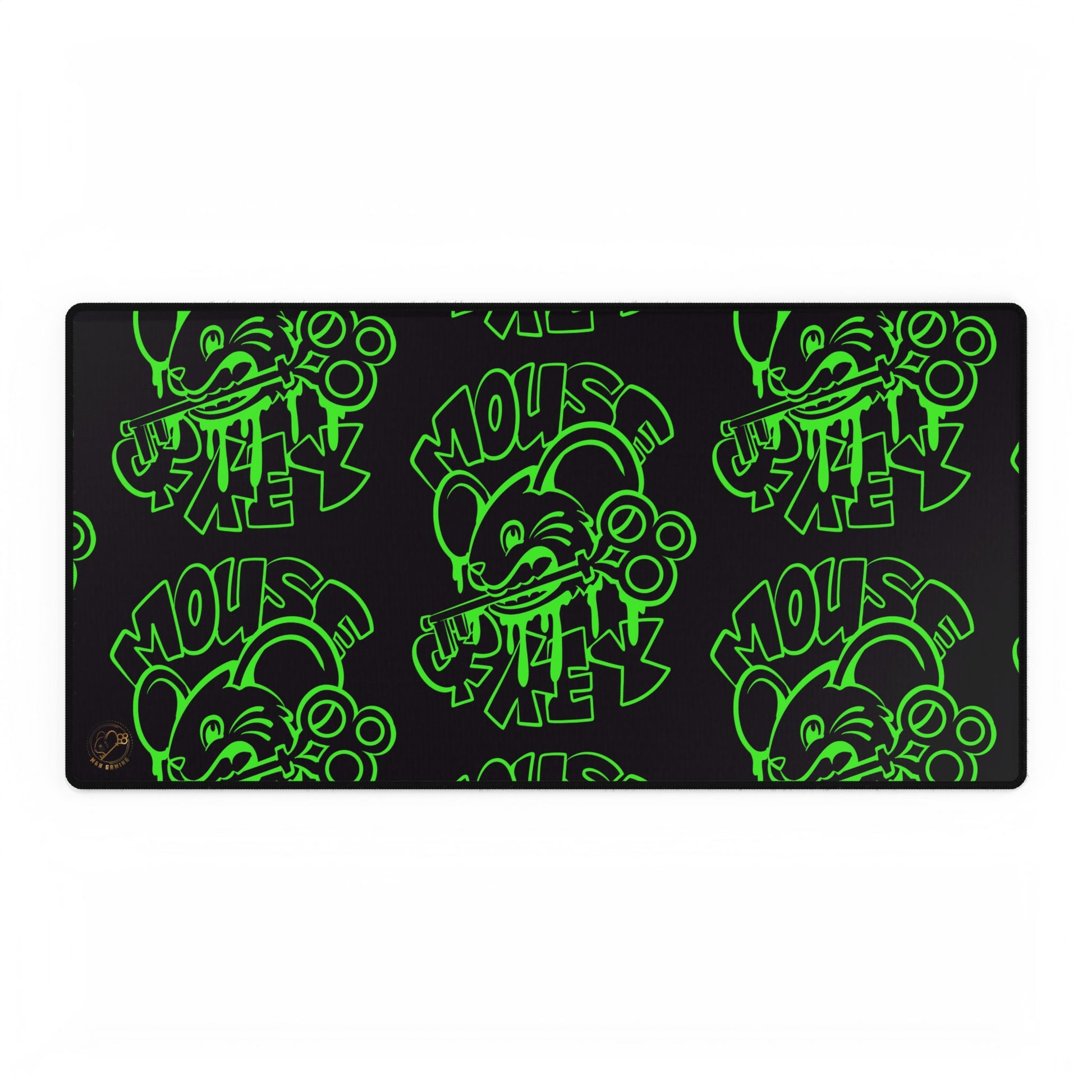 Wide neon green Mouse & Key graffiti gaming desk mat with repeating street-art pattern on black background