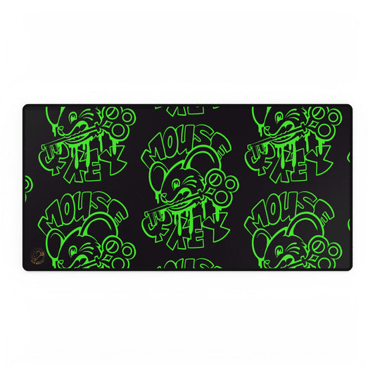Wide neon green Mouse & Key graffiti gaming desk mat with repeating street-art pattern on black background