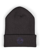 Dark Grey embroidered Mouse & Key Blue Emblem gaming beanie with minimalist circular logo design
