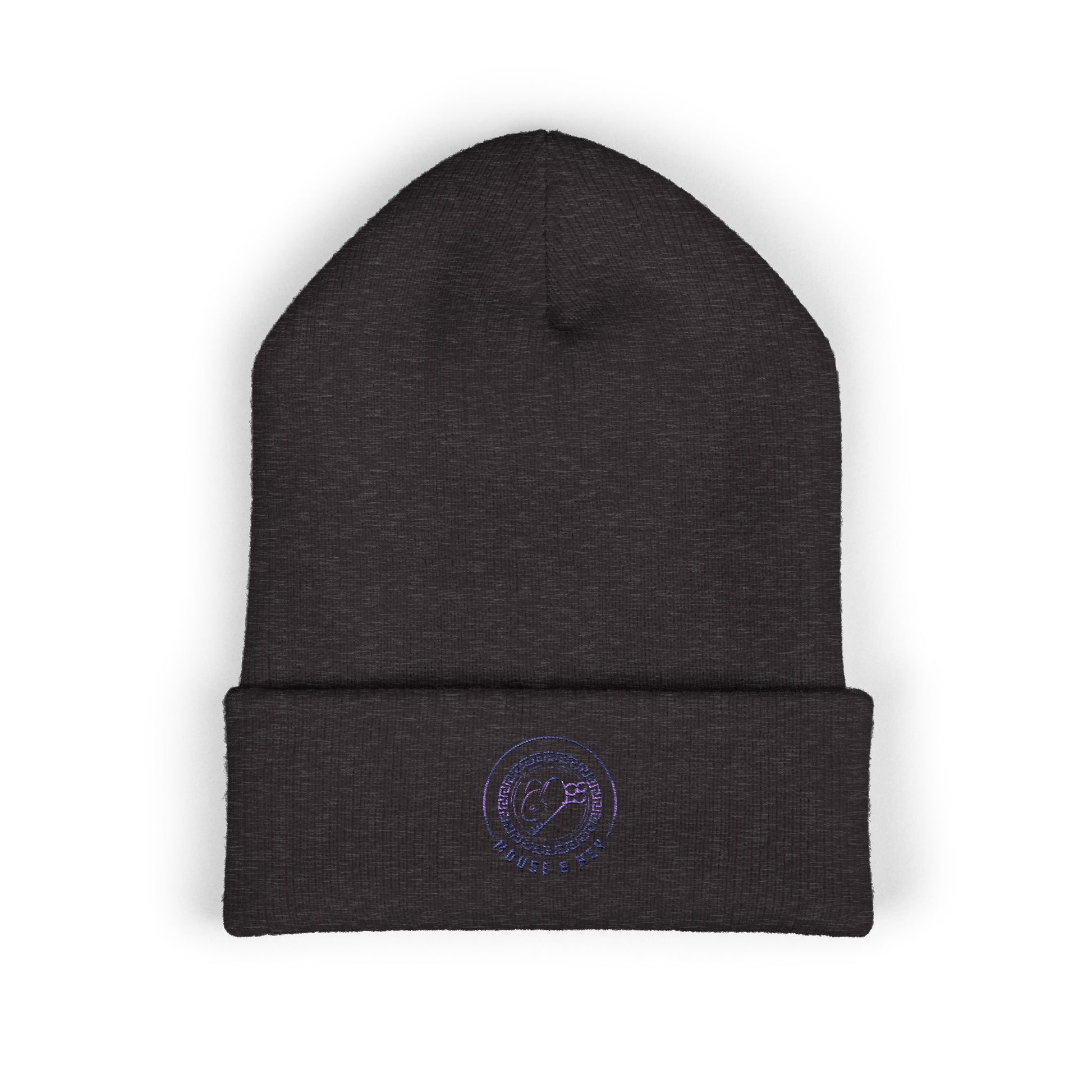 Dark Grey embroidered Mouse & Key Blue Emblem gaming beanie with minimalist circular logo design