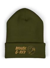 Olive embroidered Mouse & Key gaming beanie with minimalist mouse logo design