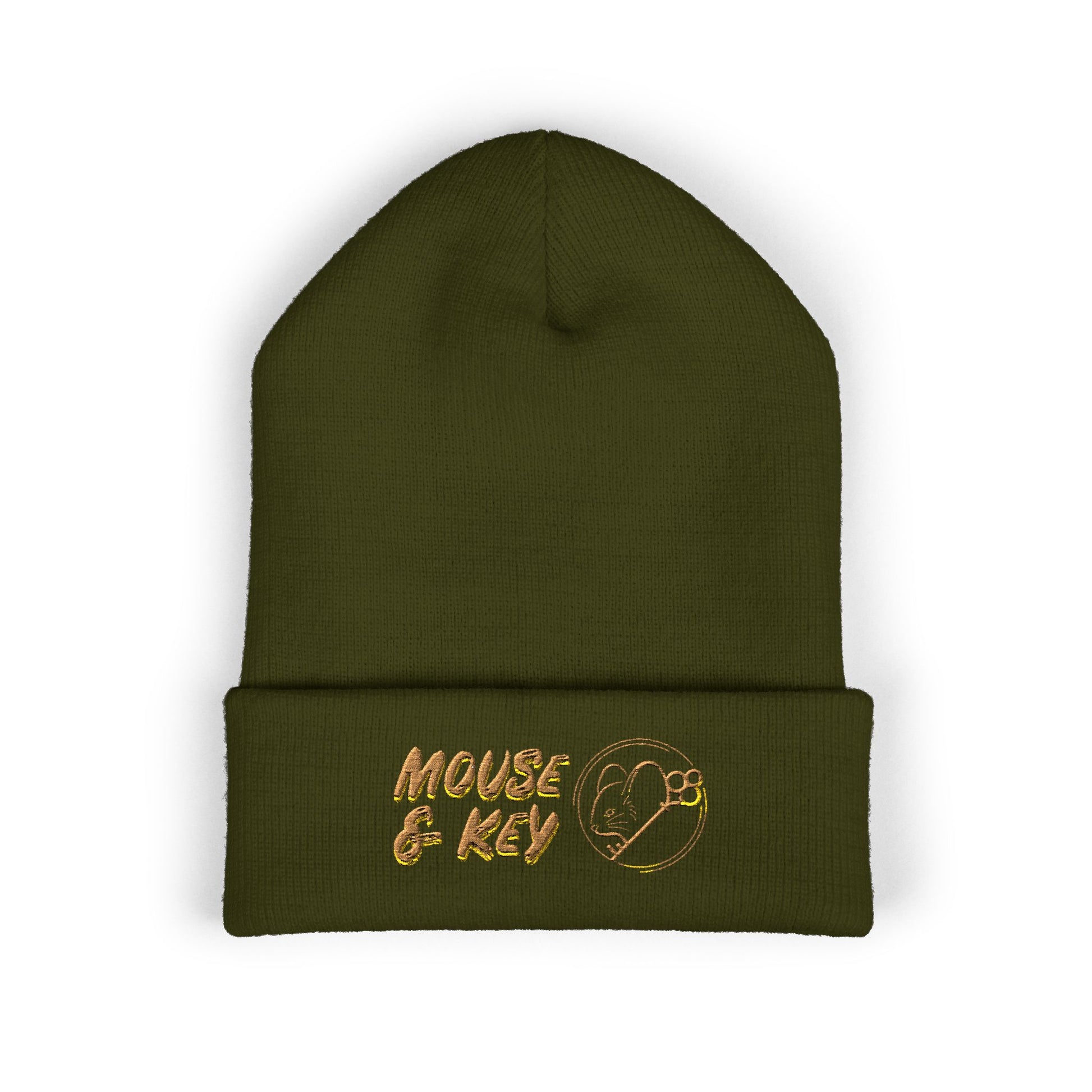 Olive embroidered Mouse & Key gaming beanie with minimalist mouse logo design
