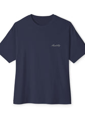 Front of navy blue mental health awareness gaming shirt from the Mouse & Key Still Here Collection