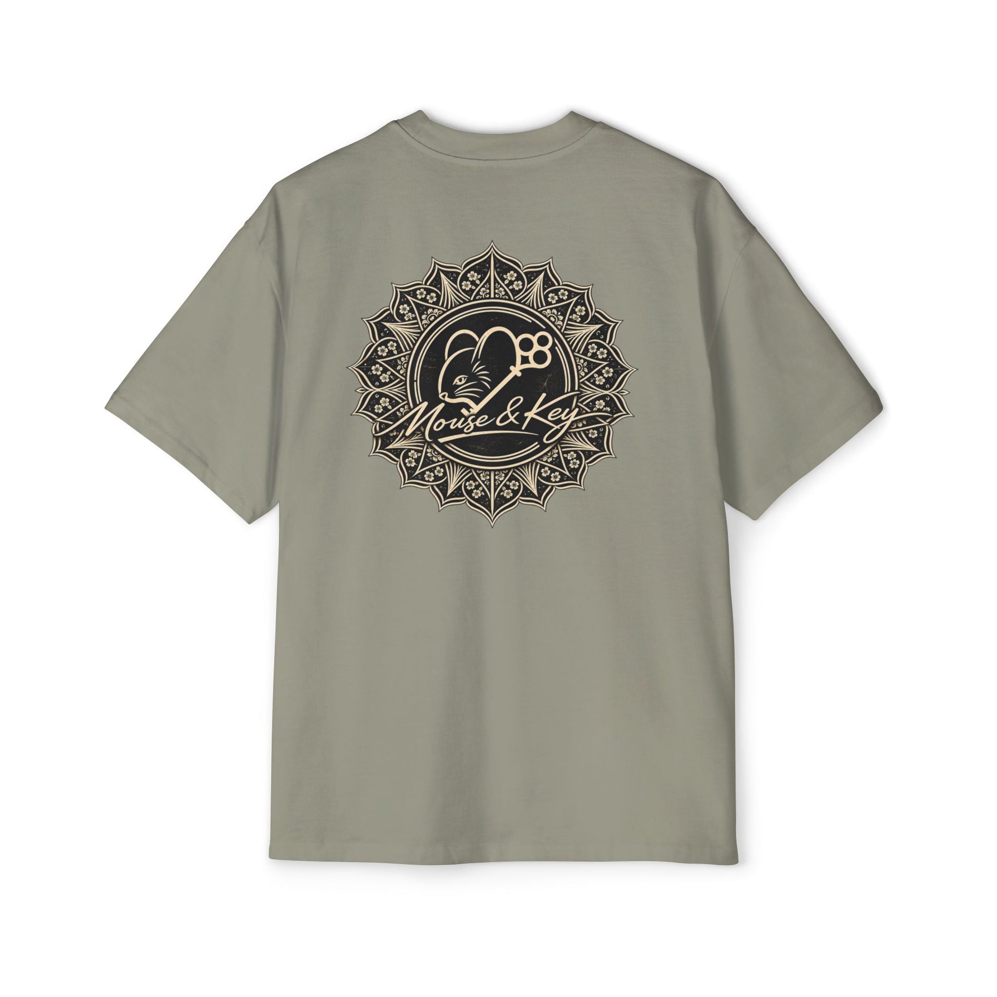 Back of Eucalyptus Mouse & Key Mandala oversized tee featuring intricate mandala mouse logo graphic design