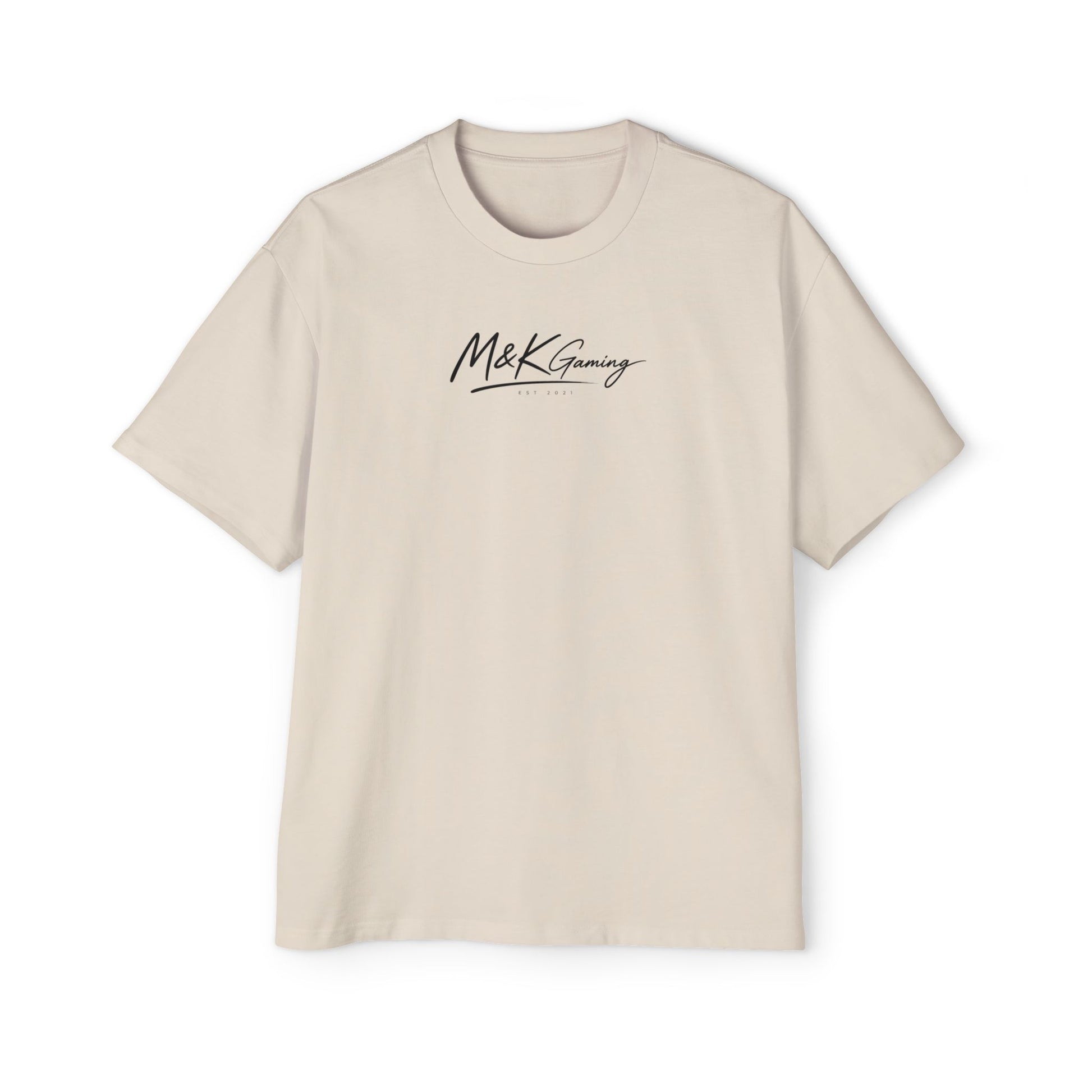 Ecru oversized Mouse & Key gaming t-shirt with minimalist white M&K signature logo design