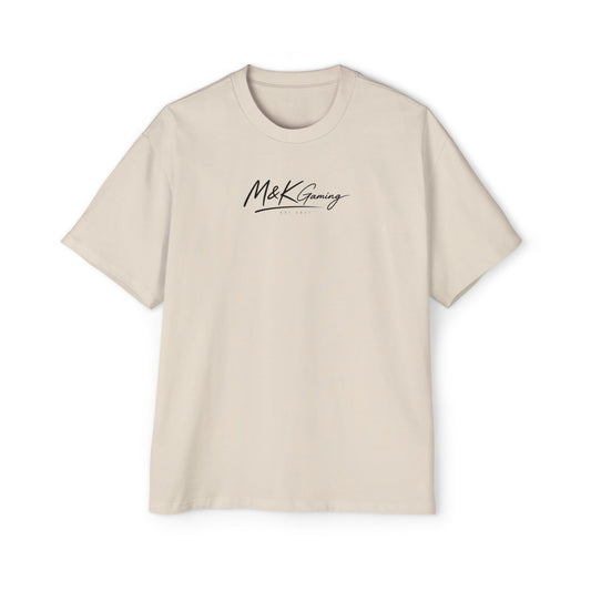 Ecru oversized Mouse & Key gaming t-shirt with minimalist white M&K signature logo design