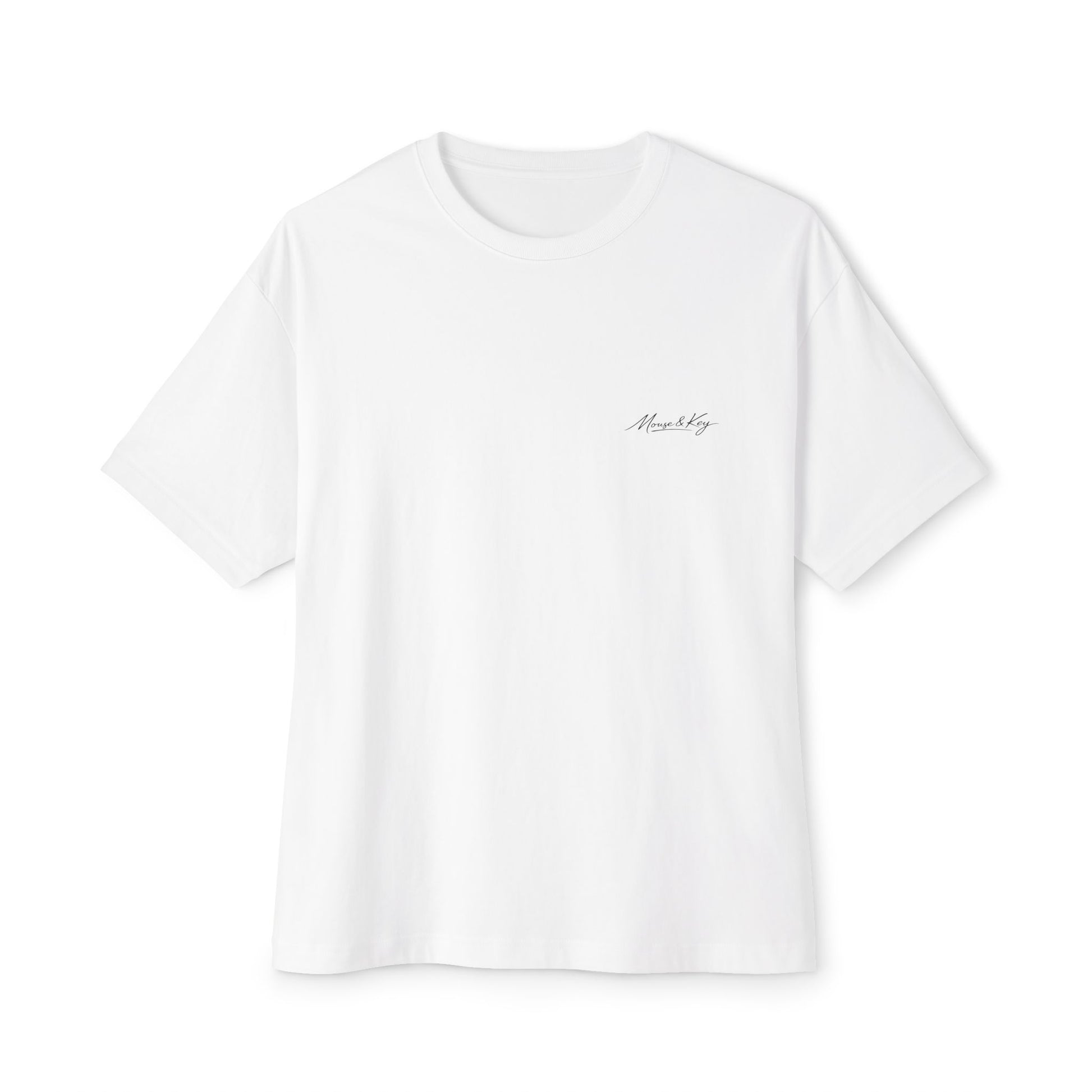Front of white mental health awareness gaming shirt from the Mouse & Key Still Here Collection