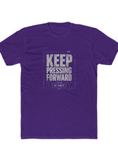 Front of purple mental health awareness gaming shirt featuring “Keep Pressing Forward” graphic from the Mouse & Key Still Here Collection