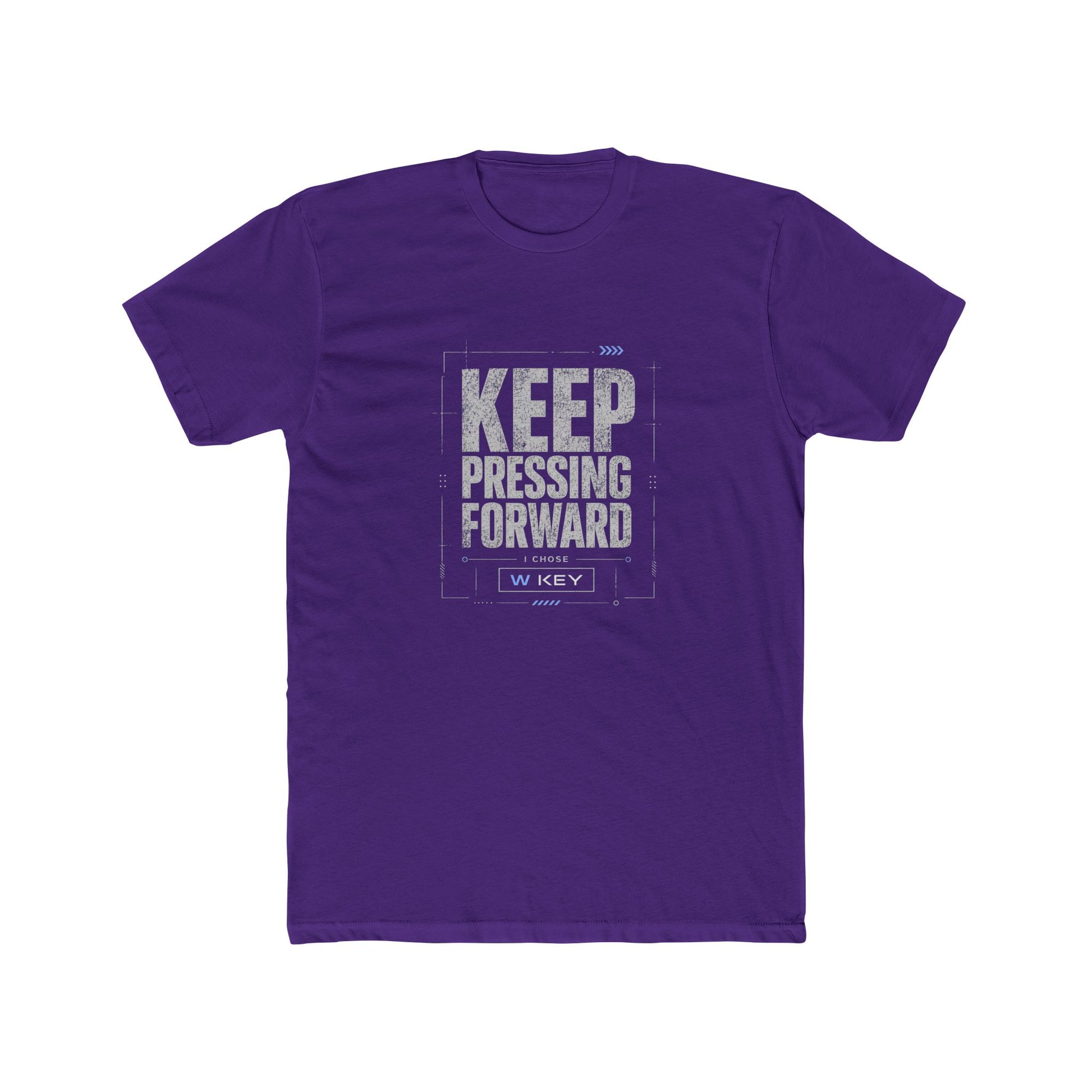 Front of purple mental health awareness gaming shirt featuring “Keep Pressing Forward” graphic from the Mouse & Key Still Here Collection