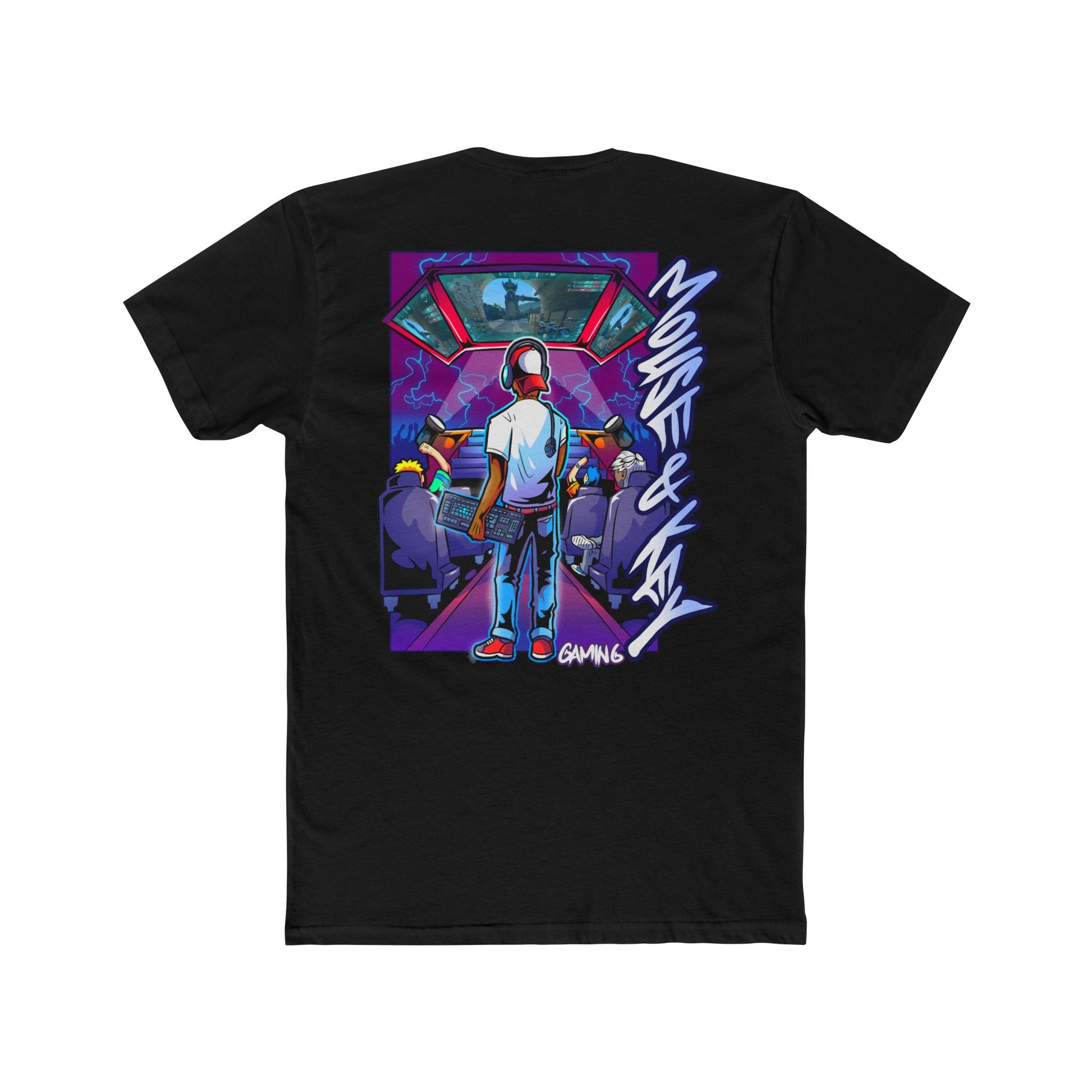 Back of black Mouse & Key LAN gaming t-shirt featuring retro LAN party gamer graphic artwork