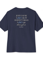 Back of navy blue mental health awareness gaming shirt featuring “Just Cause I Didn’t Do It Doesn’t Mean I Didn’t Go Through It” graphic from Mouse & Key