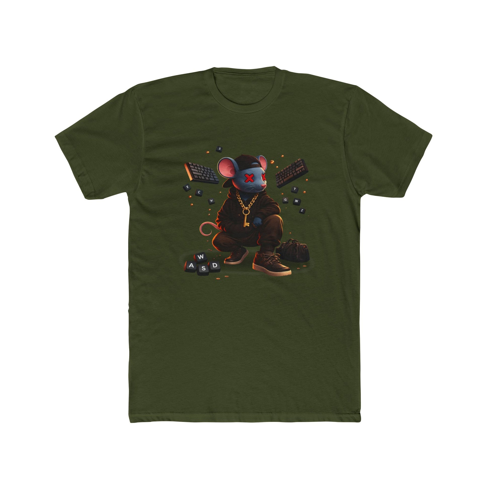 Front of military green Mouse Streetwear gaming t-shirt featuring mouse character graphic with WASD keys and keyboard artwork