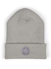 Light gray embroidered Mouse & Key Blue Emblem gaming beanie with minimalist circular logo design
