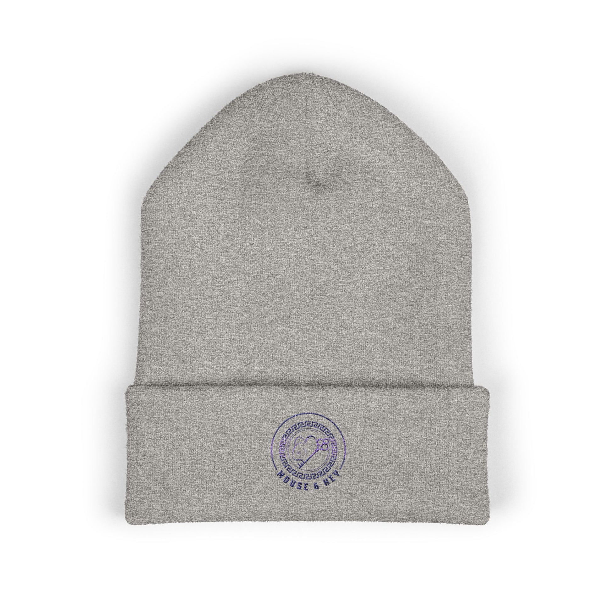 Light gray embroidered Mouse & Key Blue Emblem gaming beanie with minimalist circular logo design