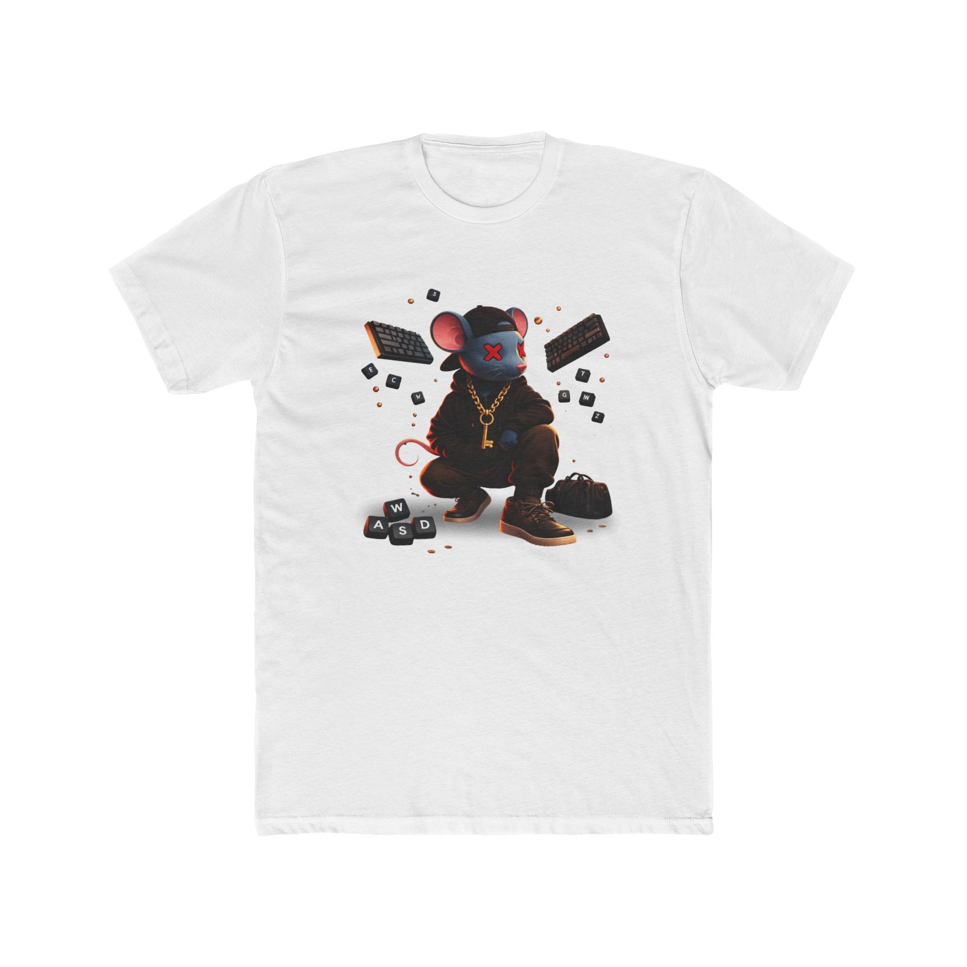 Front of white Mouse Streetwear gaming t-shirt featuring mouse character graphic with WASD keys and keyboard artwork