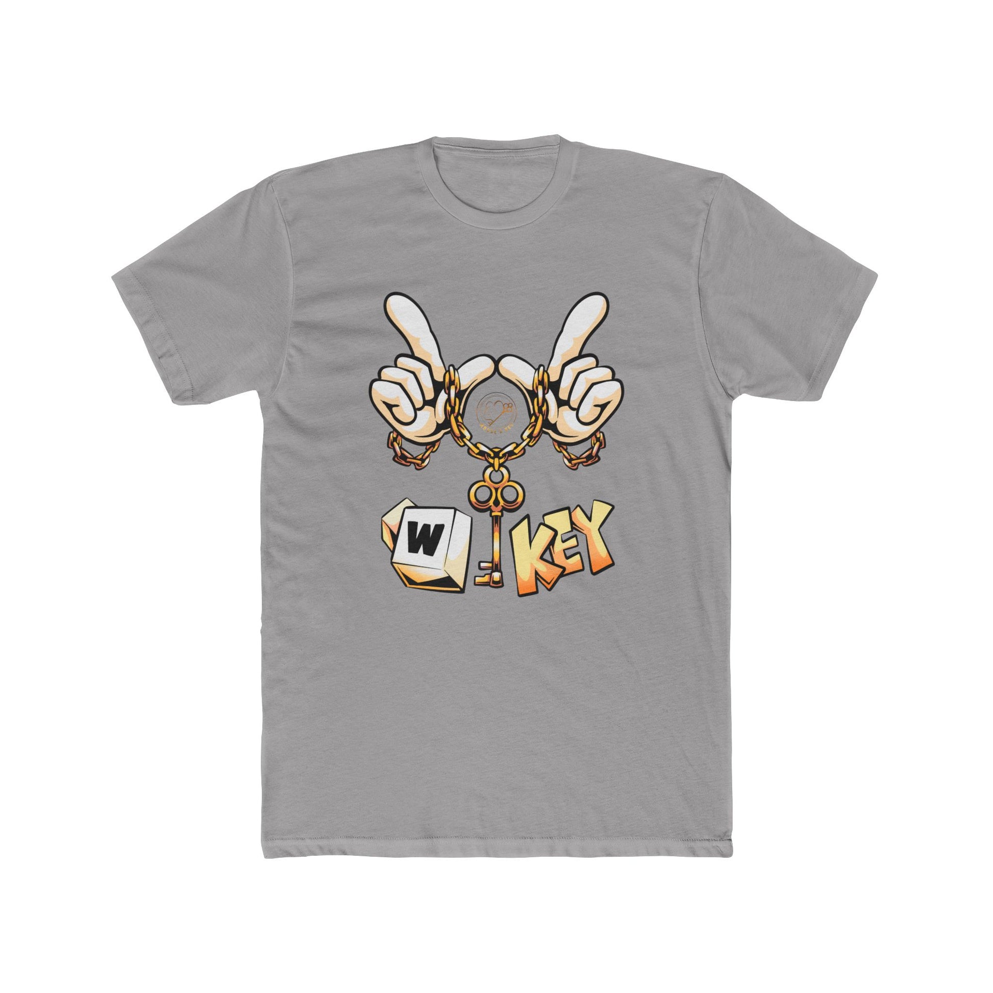 Front of light grey W-Key gaming t-shirt symbolizing moving forward in gaming and life