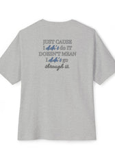 Back of Athletic Heather mental health awareness gaming shirt featuring “Just Cause I Didn’t Do It Doesn’t Mean I Didn’t Go Through It” graphic from Mouse & Key