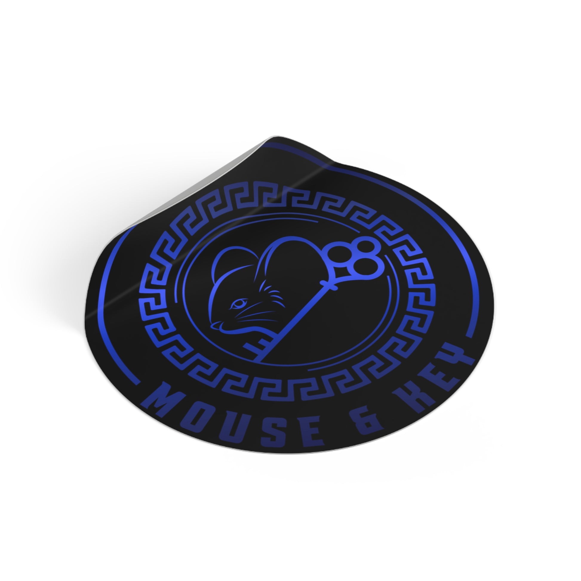 Autocollant rond en vinyle souris et clé — Emblème bleu