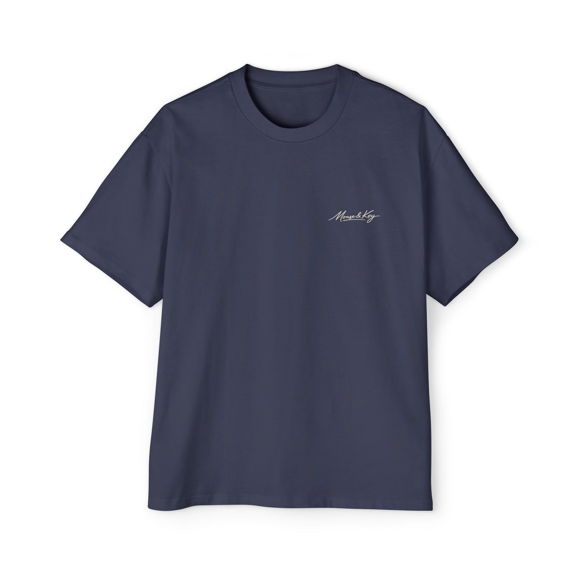 Front of midnight blue Mouse & Key Mandala oversized tee featuring intricate mandala mouse logo graphic design