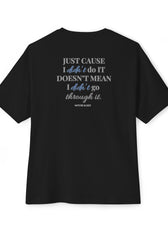 Back of Black mental health awareness gaming shirt featuring “Just Cause I Didn’t Do It Doesn’t Mean I Didn’t Go Through It” graphic from Mouse & Key