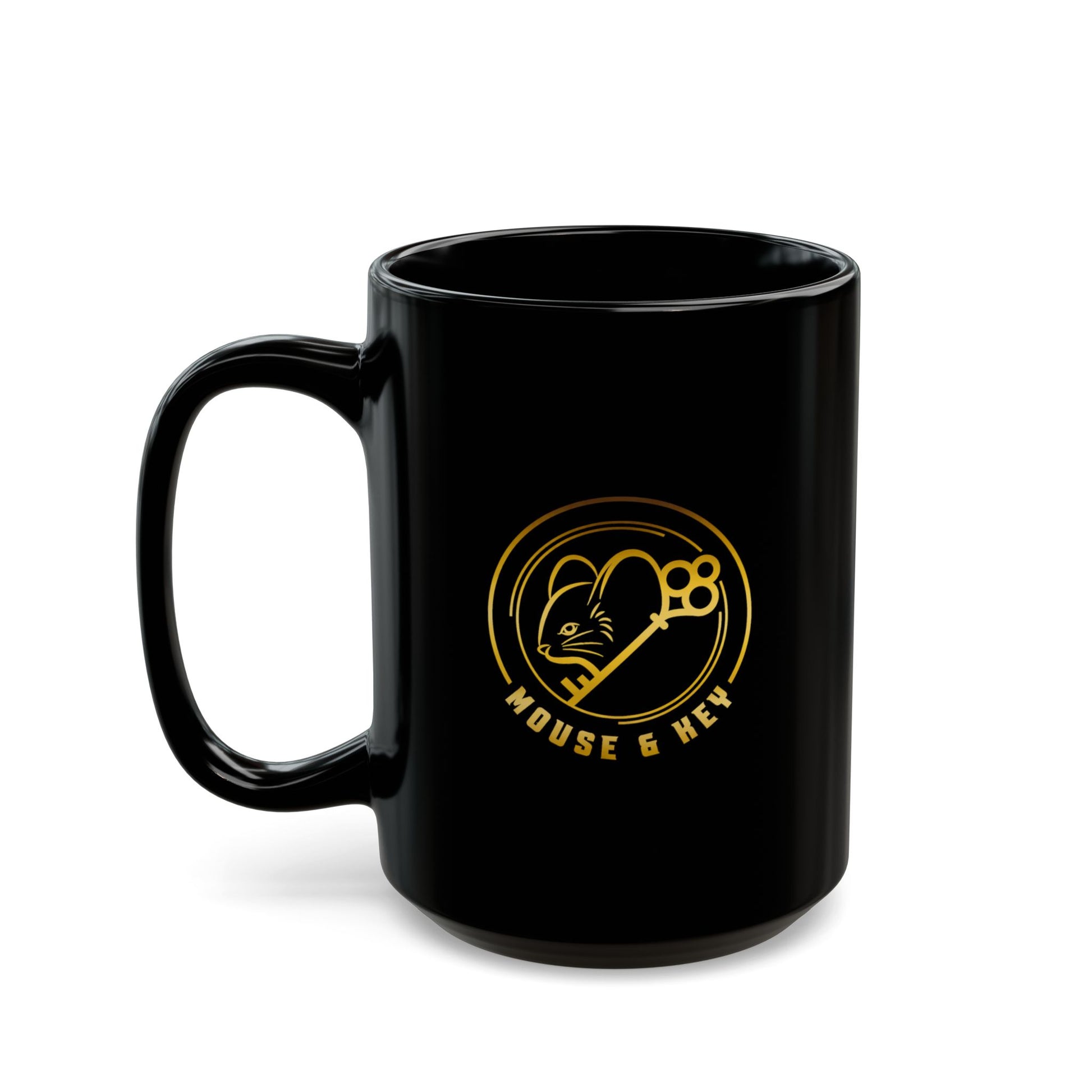 Mouse & Me Black Ceramic Mug (11oz/15oz) – Gold Logo Coffee Cup