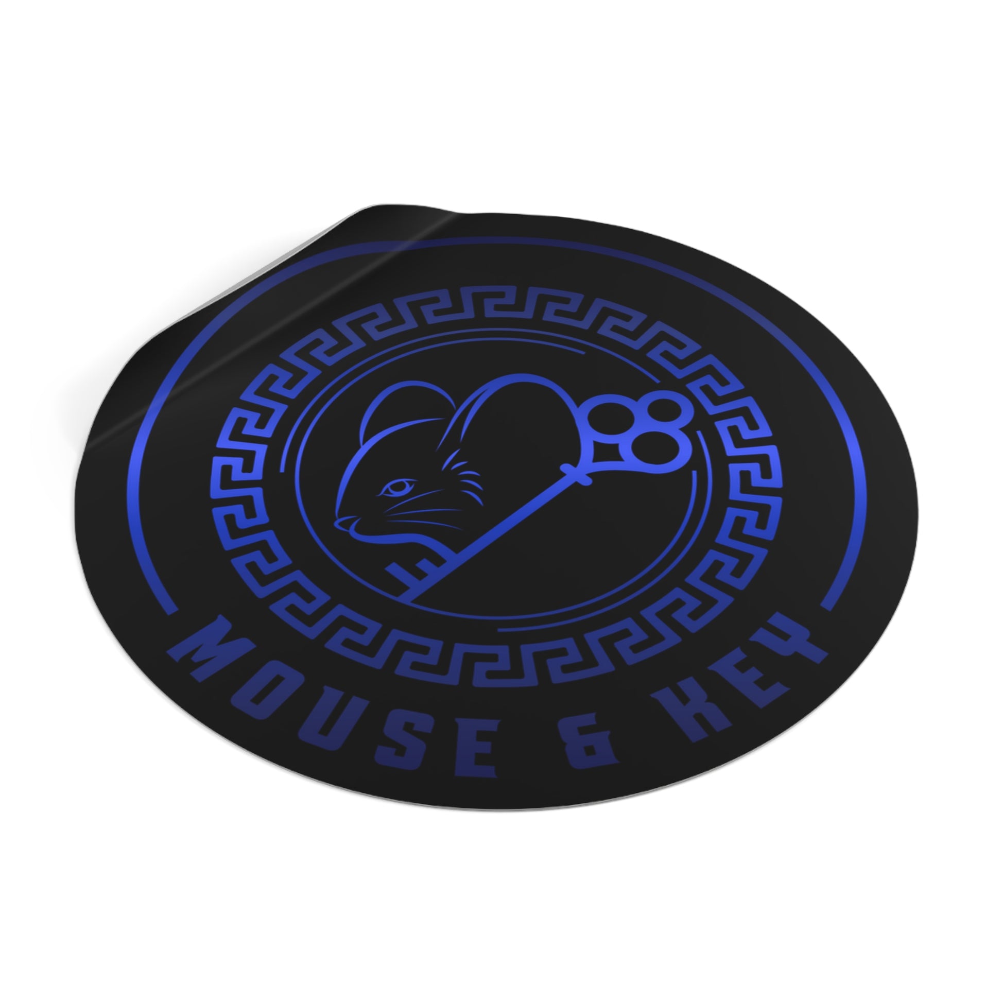 Autocollant rond en vinyle souris et clé — Emblème bleu
