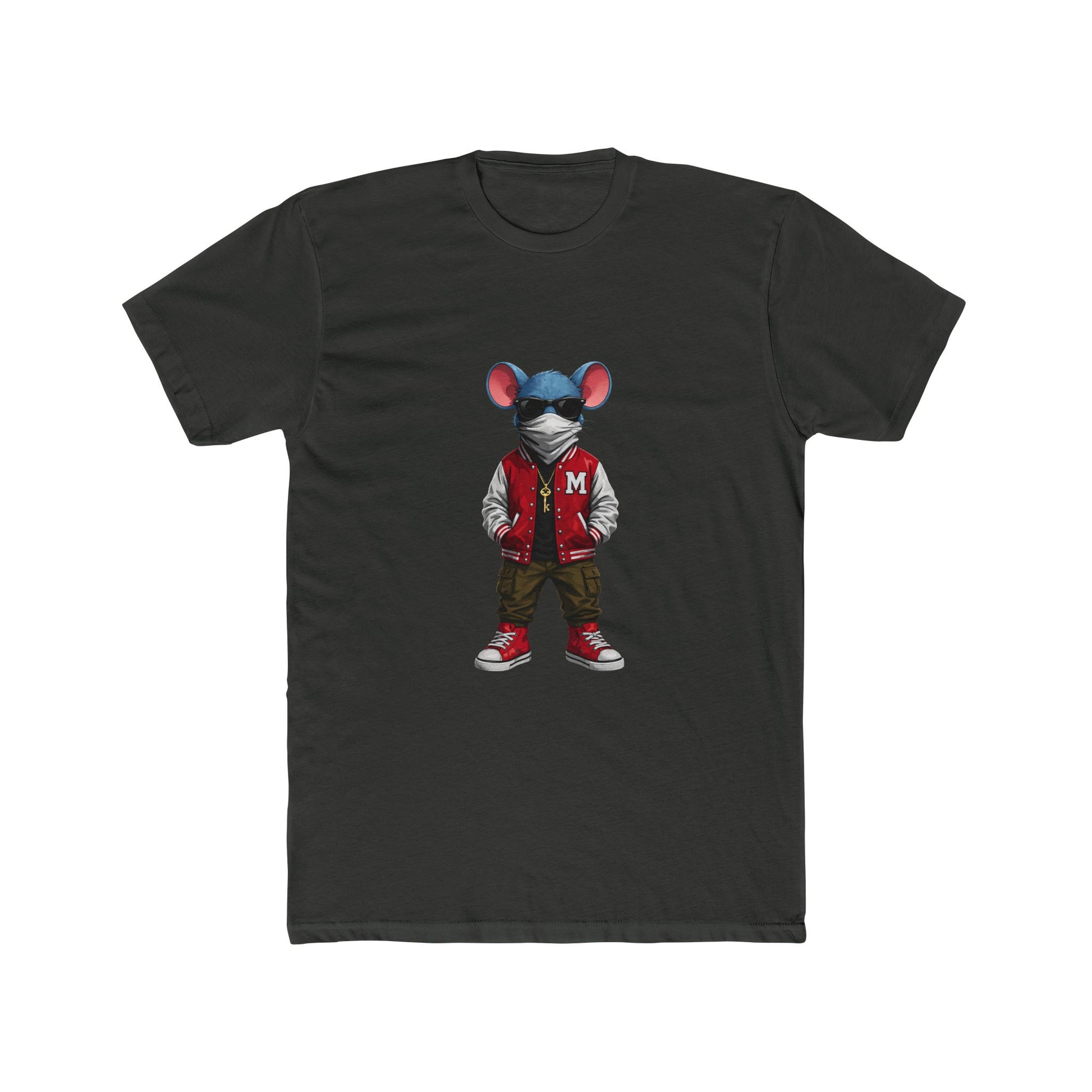 Front of heavy metal Mouse & Key Varsity gaming t-shirt featuring varsity mouse character graphic design