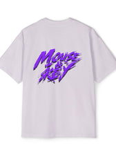Back view of Orchid gaming t-shirt featuring purple and white Mouse & Key brush-stroke logo artwork