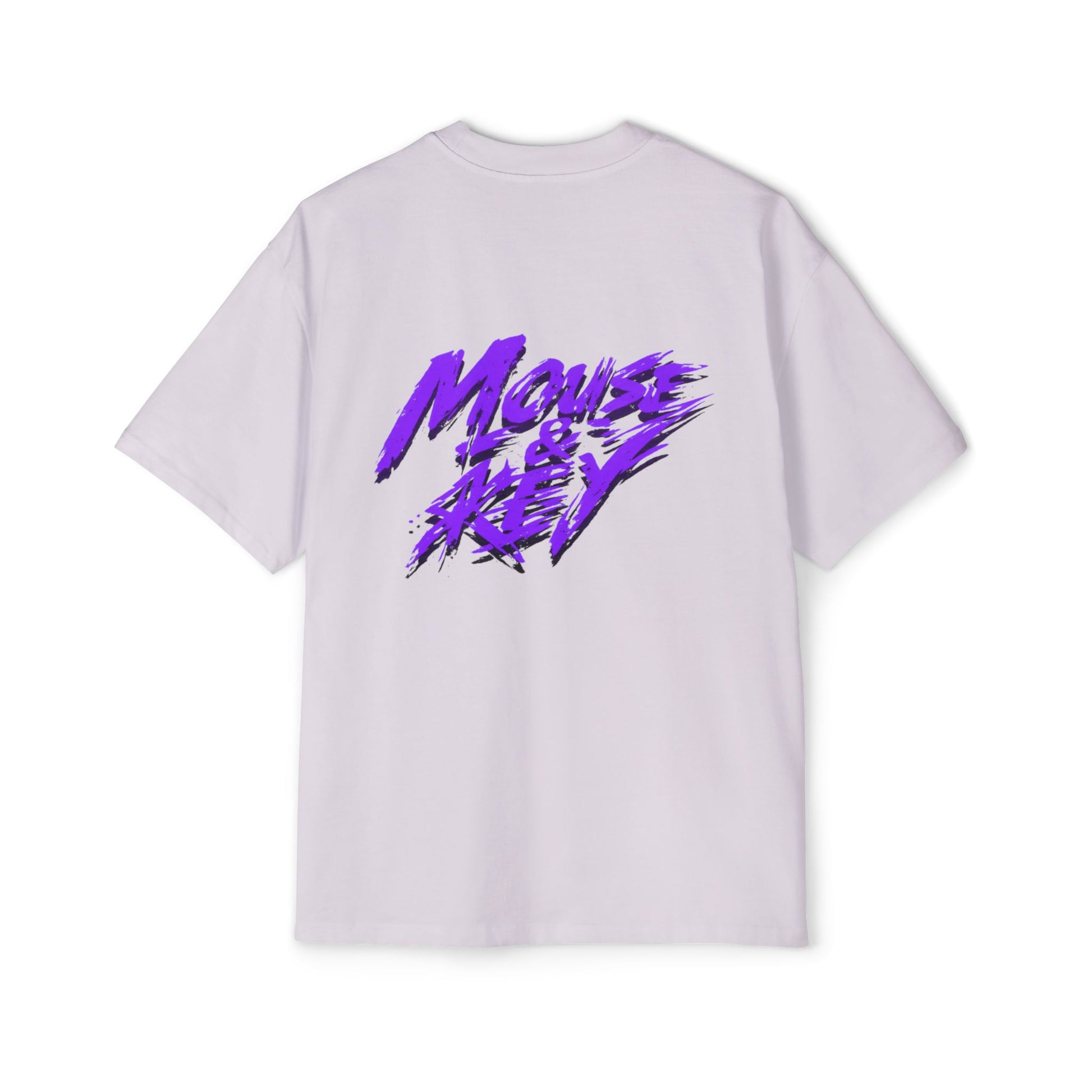 Back view of Orchid gaming t-shirt featuring purple and white Mouse & Key brush-stroke logo artwork