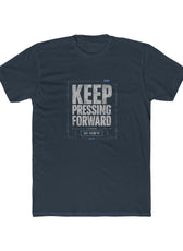 Front of Indigo mental health awareness gaming shirt featuring “Keep Pressing Forward” graphic from the Mouse & Key Still Here Collection