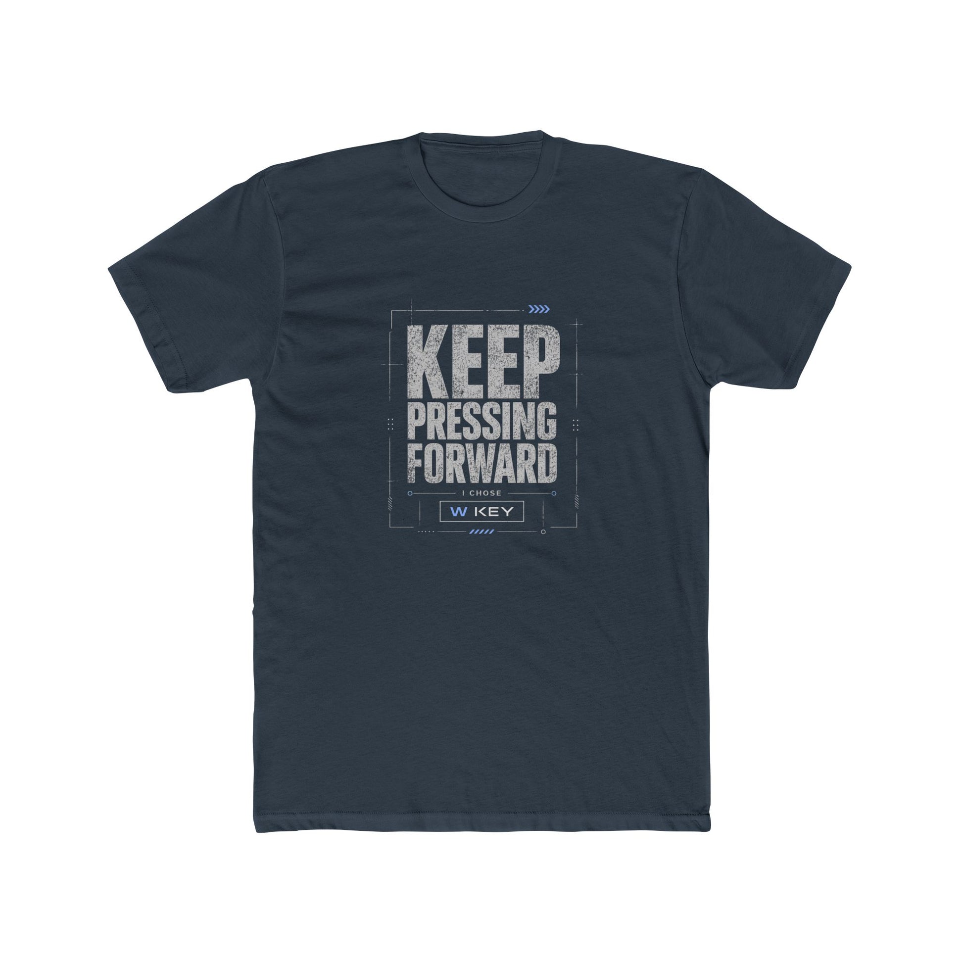 Front of Indigo mental health awareness gaming shirt featuring “Keep Pressing Forward” graphic from the Mouse & Key Still Here Collection