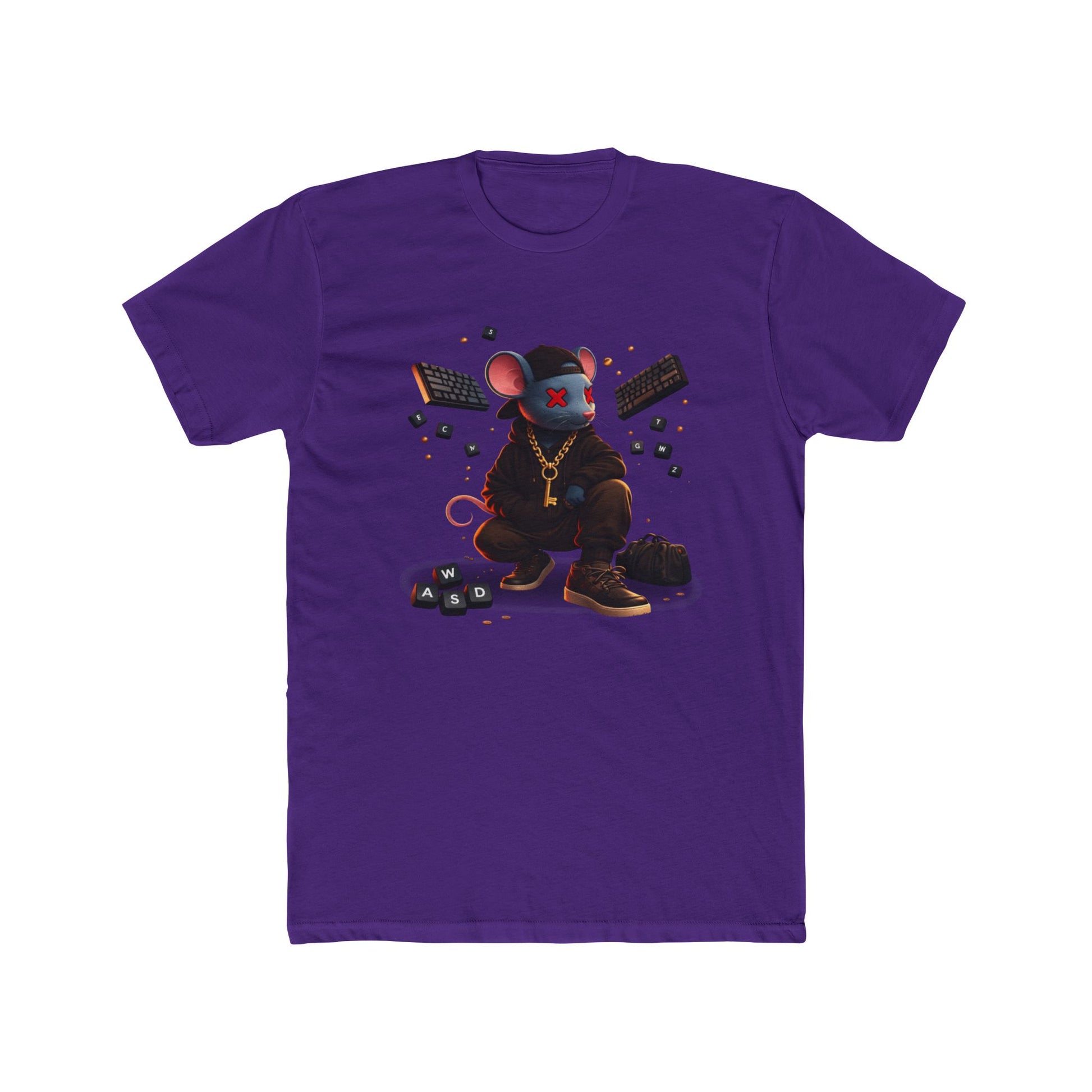 Front of purple Mouse Streetwear gaming t-shirt featuring mouse character graphic with WASD keys and keyboard artwork