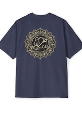Back of Midnight blue Mouse & Key Mandala oversized tee featuring intricate mandala mouse logo graphic design