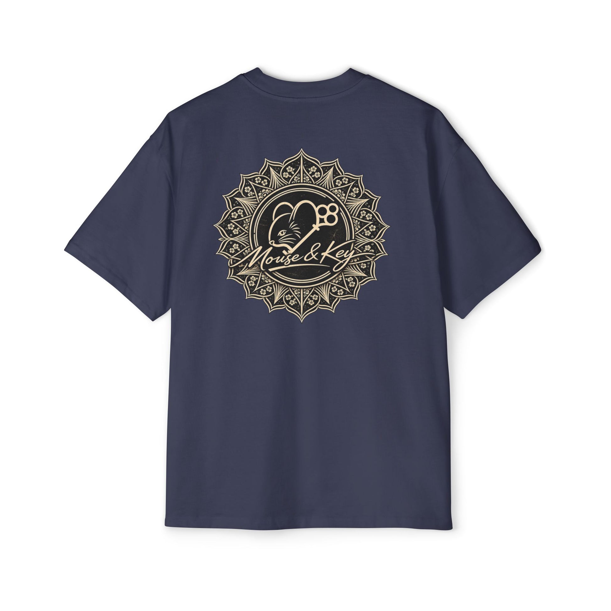 Back of Midnight blue Mouse & Key Mandala oversized tee featuring intricate mandala mouse logo graphic design