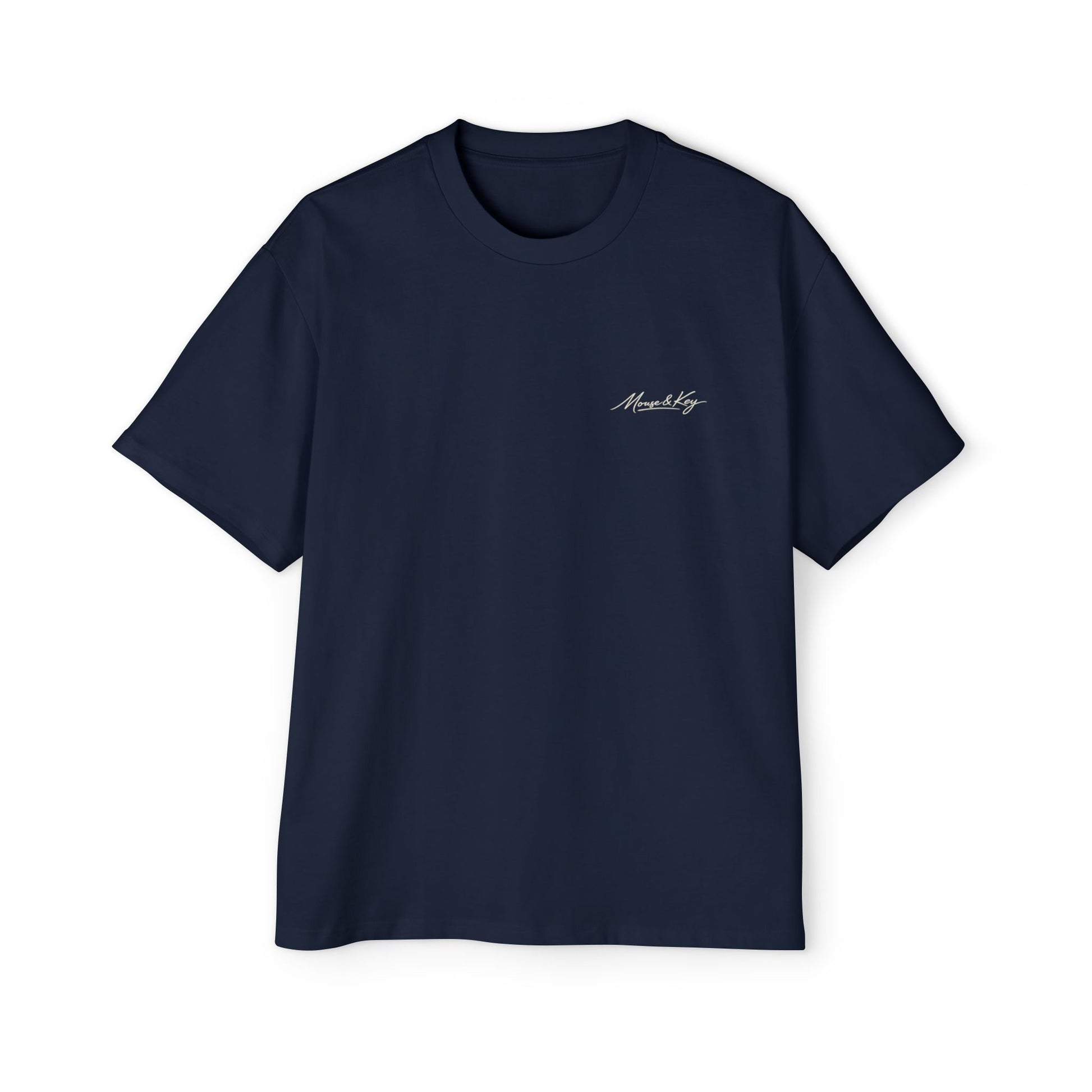 Front of Navy Mouse & Key Mandala oversized tee featuring intricate mandala mouse logo graphic design