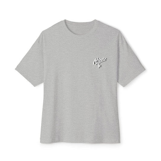 Front of athletic heather grey Mouse & O-Key oversized gaming tee featuring minimalist logo graphic design