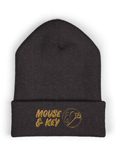 Dark grey embroidered Mouse & Key gaming beanie with minimalist mouse logo design