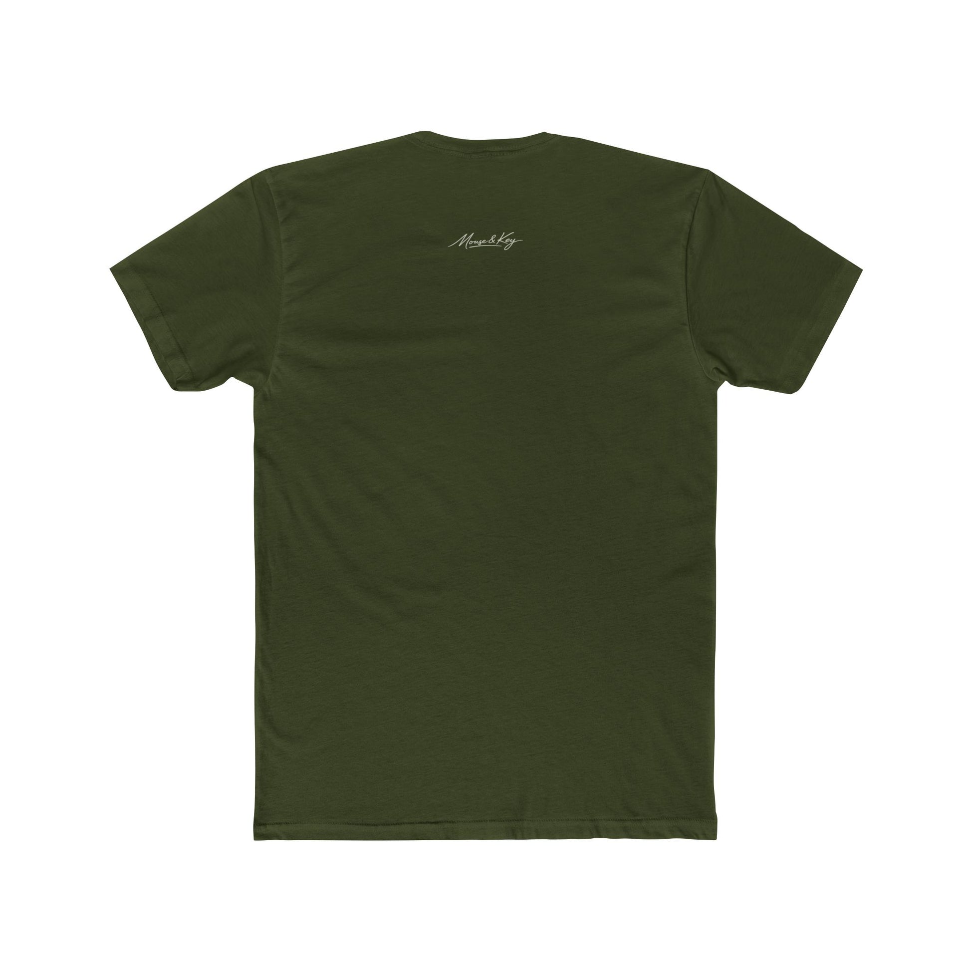 Back of military green mental health awareness gaming shirt featuring “Keep Pressing Forward” graphic from the Mouse & Key Still Here Collection