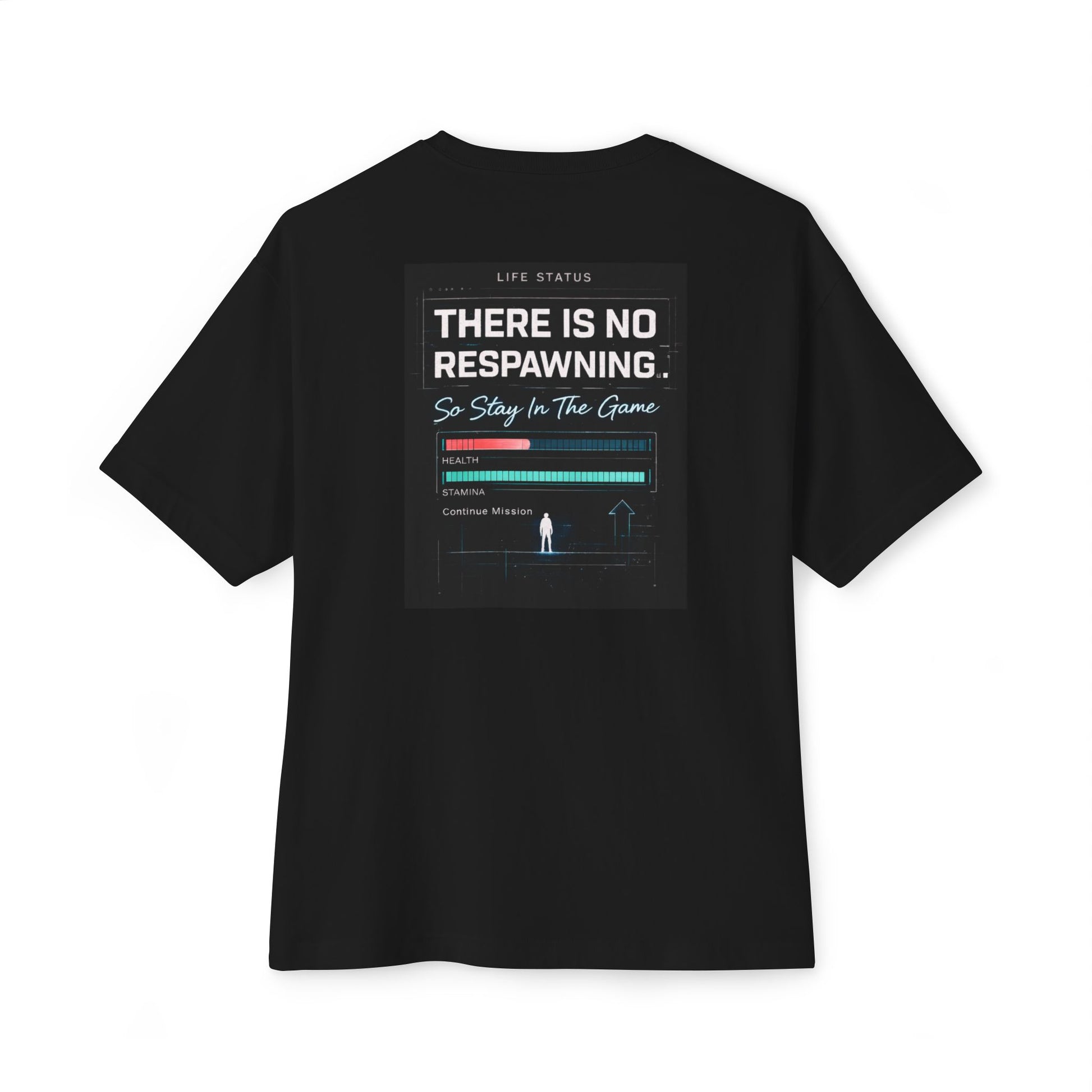 Back of black gaming mental health awareness shirt featuring “There Is No Respawning – So Stay In The Game” graphic from Mouse & Key