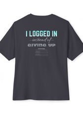 Back of Dark Gray gaming mental health awareness shirt featuring “I Logged In Instead of Giving Up” graphic from Mouse & Key